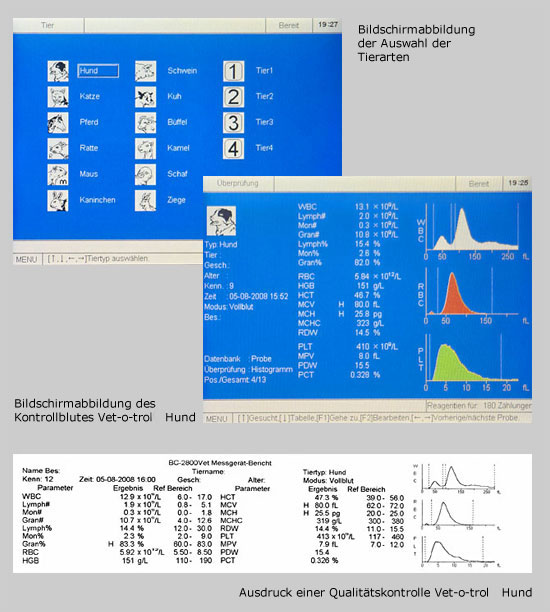 Screenshots und Ausdruck einer Bilutbildkontrolle am Mindray BC-2800Vet